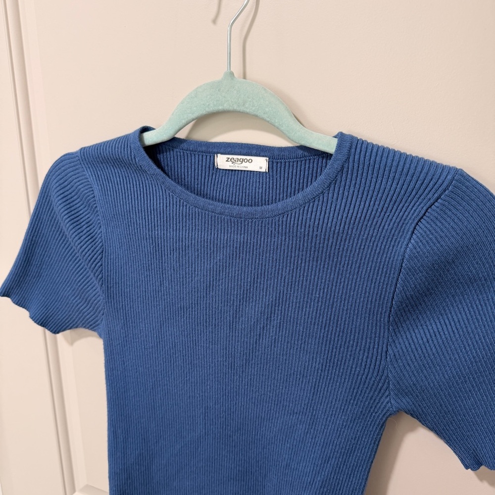 zeagoo Ribbed Navy Short Sleeve Knit Top